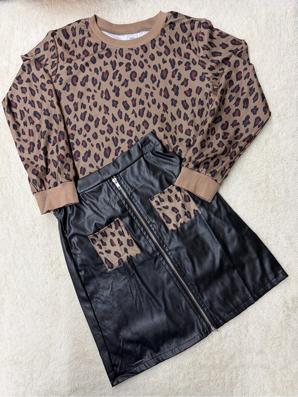 Leopard Print Brown Top with Black Faux Leather Skirt Set
